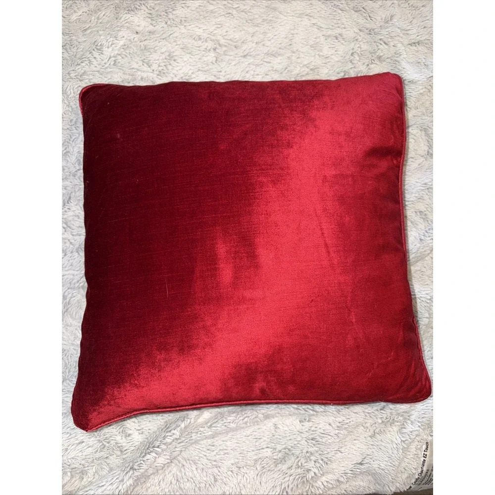 Pier 1 Imports Red Velvet Throw Pillow Square Crimson Accent Brass Logo Zip